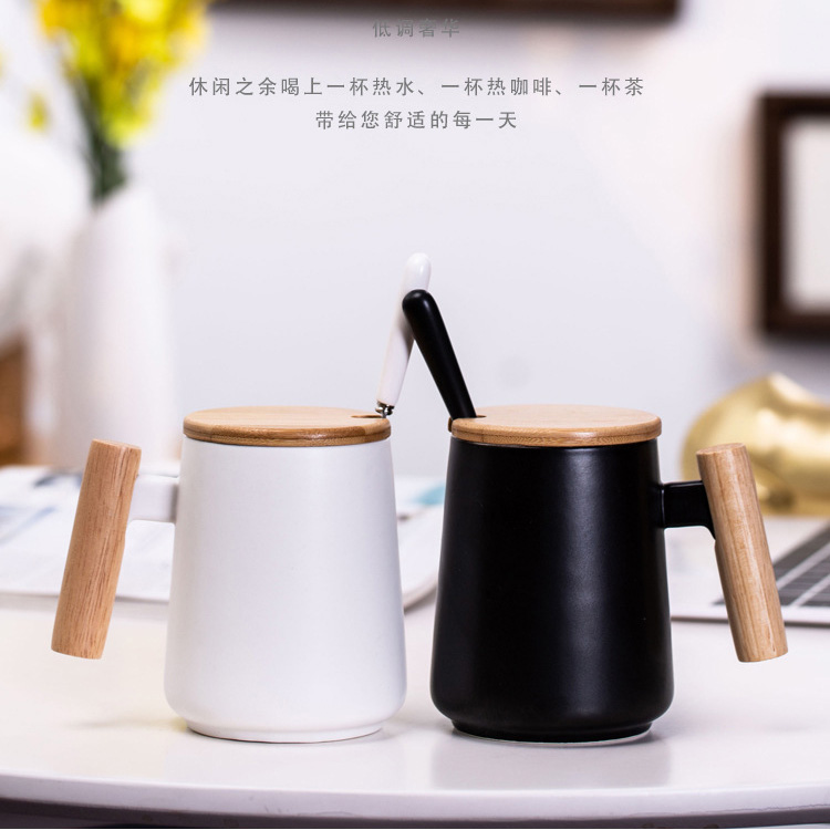 新品木柄竹蓋創(chuàng)意陶瓷杯馬克杯含勺子咖啡杯