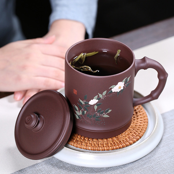 手繪牡丹梅花杯純手工帶蓋