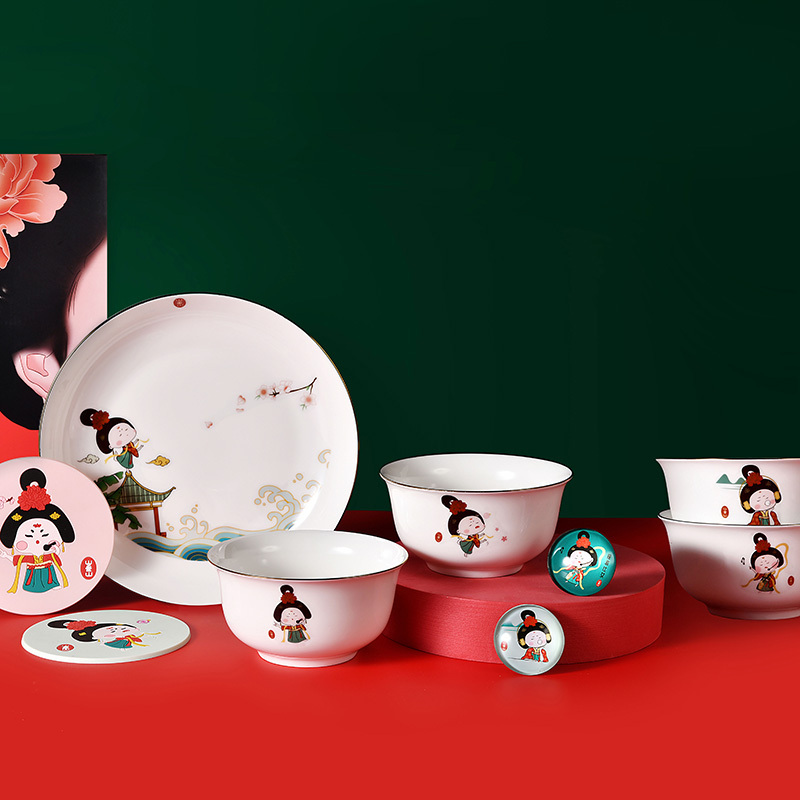新國潮文創(chuàng)禮品鄭州攬盛唐搖滾仕女九件套/六件套陶瓷餐具河南特色節(jié)慶禮品