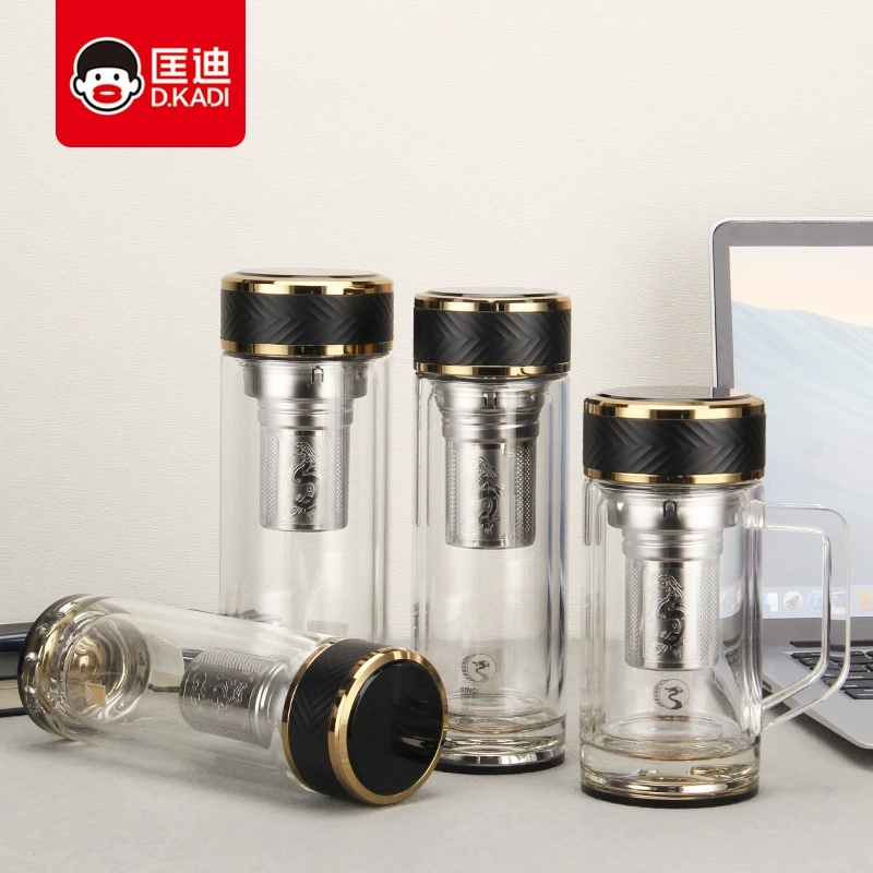 匡迪新款2220雙層水晶玻璃杯辦公禮品杯印字高硼硅茶水分離杯透明